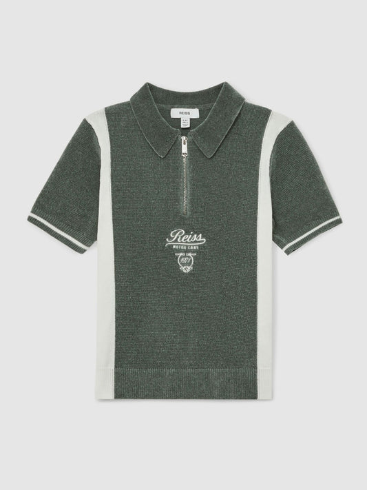 Reiss Featured - 13-14 yrs Chenille Tipped Motor Cars Polo Shirt in Dark Sage Green/White
