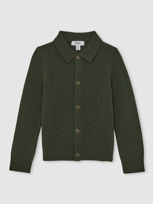 Reiss Sale - 13-14 yrs Wool V-Stitch Button-Through Cardigan in Forest Green