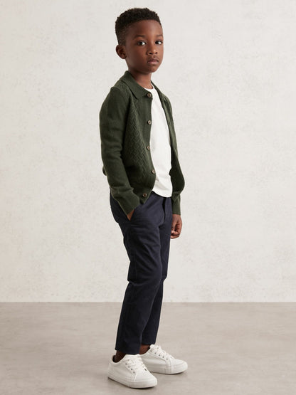 Reiss Sale - 13-14 yrs Wool V-Stitch Button-Through Cardigan in Forest Green