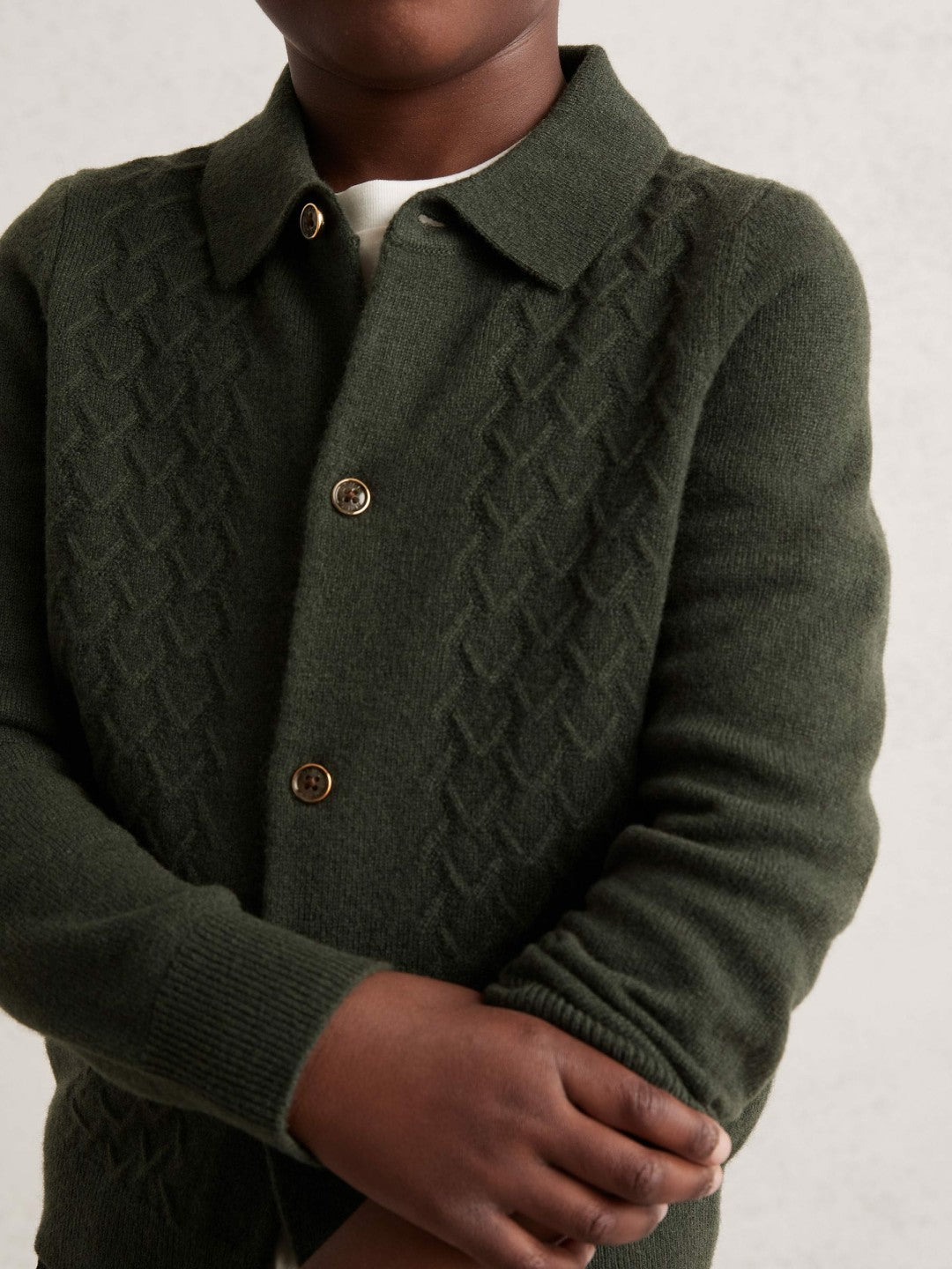 Reiss Sale - 13-14 yrs Wool V-Stitch Button-Through Cardigan in Forest Green
