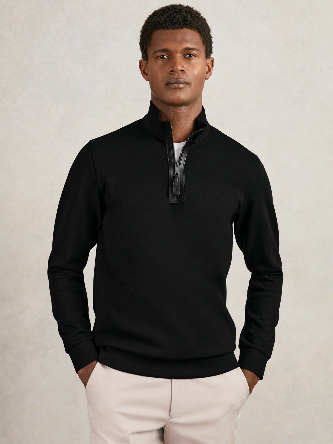 Reiss Offer - Leather-Placket Interlock Sweatshirt in Black
