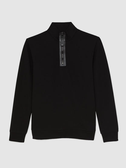 Reiss Offer - Leather-Placket Interlock Sweatshirt in Black