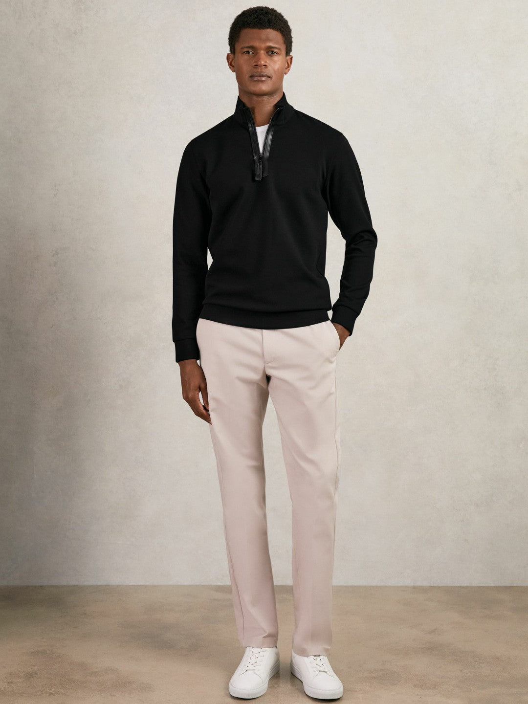 Reiss Offer - Leather-Placket Interlock Sweatshirt in Black