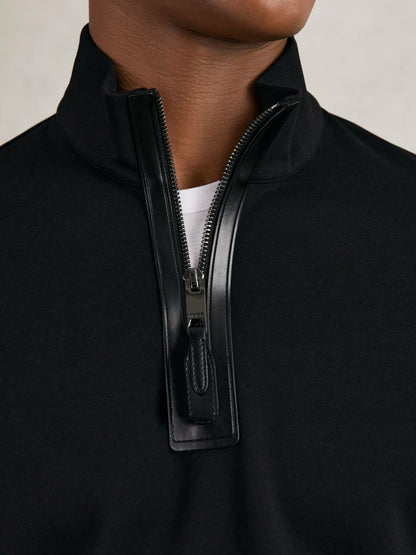 Reiss Offer - Leather-Placket Interlock Sweatshirt in Black