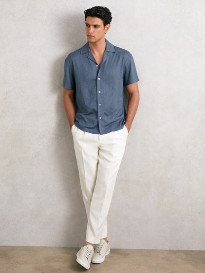 Reiss Jacquard-Stripe Cuban-Collar Shirt in Airforce Blue
