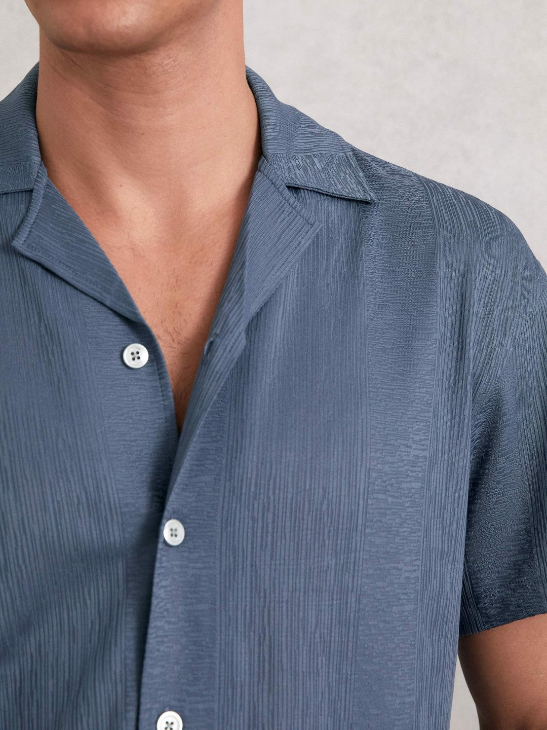 Reiss Jacquard-Stripe Cuban-Collar Shirt in Airforce Blue