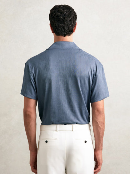 Reiss Jacquard-Stripe Cuban-Collar Shirt in Airforce Blue