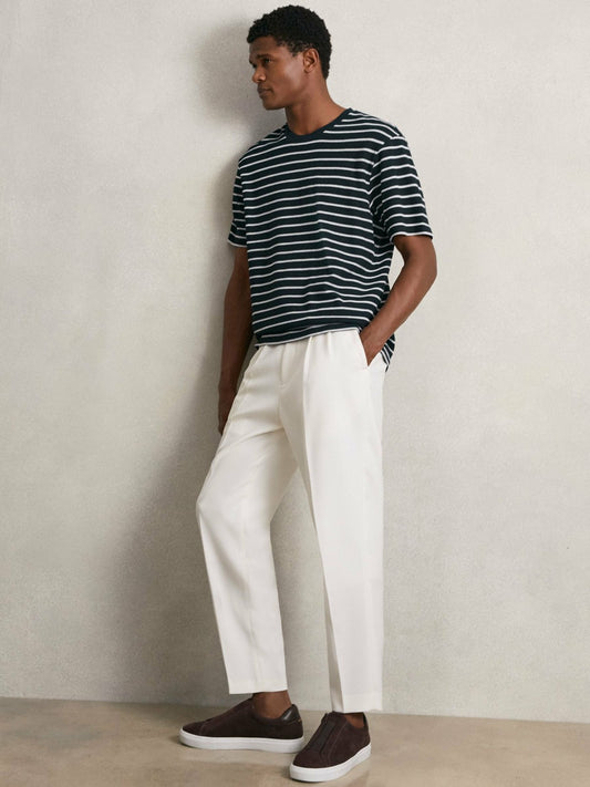Reiss Deal - Cotton Textured Stripe T-Shirt in White/Navy