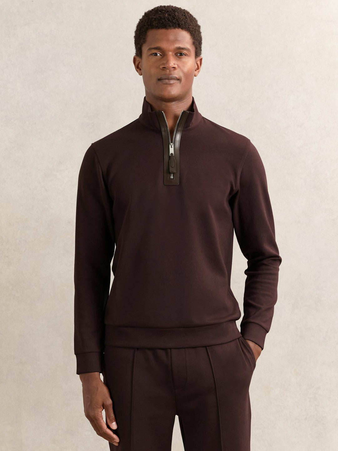Reiss Featured - Leather-Placket Interlock Sweatshirt in Cherry Red