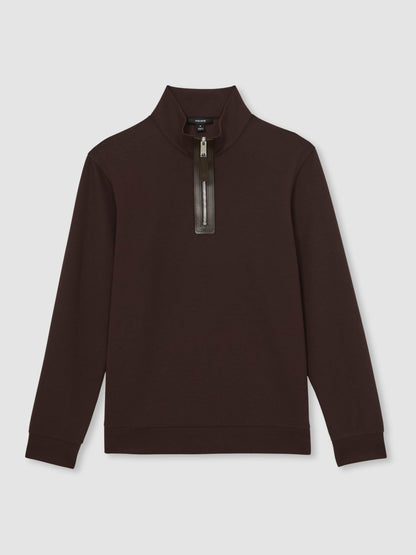 Reiss Featured - Leather-Placket Interlock Sweatshirt in Cherry Red