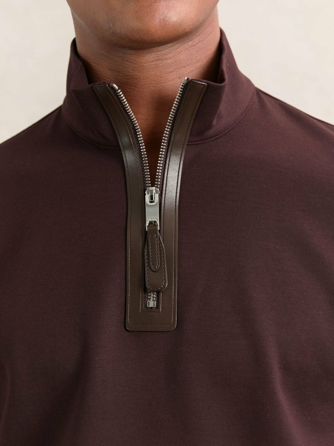 Reiss Featured - Leather-Placket Interlock Sweatshirt in Cherry Red