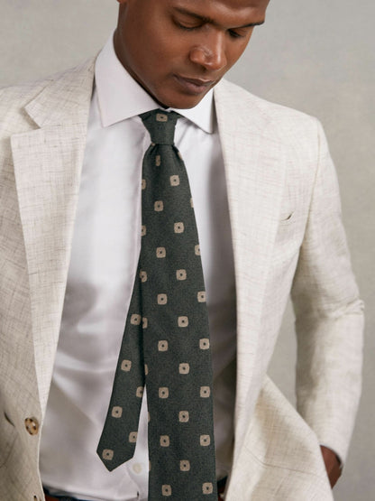 Reiss Value - Silk-Wool Square-Medallion Tie in Forest Green