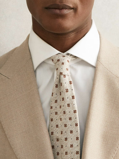 Reiss Sale - Wool-Silk Floral-Medallion Tie in Oatmeal Melange