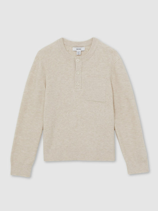 Reiss Sale - 13-14 yrs Cotton-Blend Rib-Knit Henley Top in Oatmeal Melange