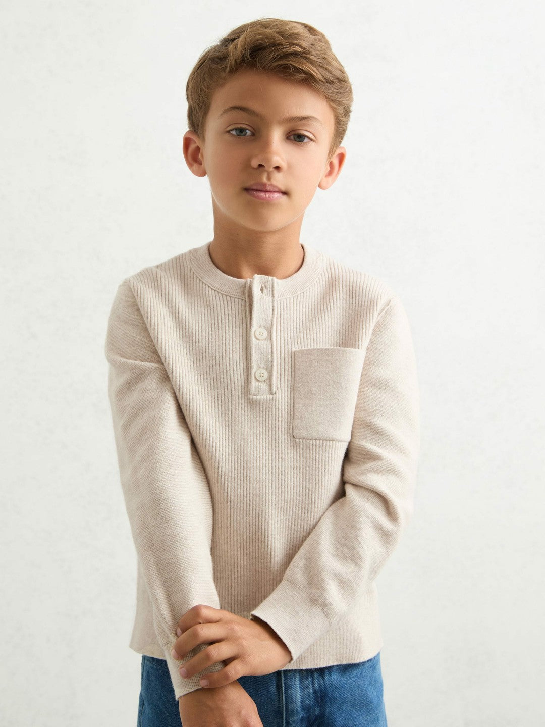 Reiss Sale - 13-14 yrs Cotton-Blend Rib-Knit Henley Top in Oatmeal Melange