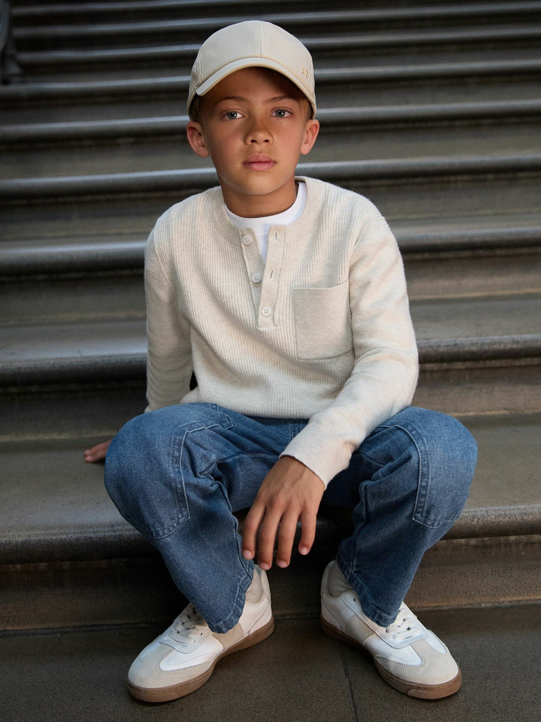 Reiss Savings - 3-9 yrs Cotton-Blend Rib-Knit Henley Top in Oatmeal Melange