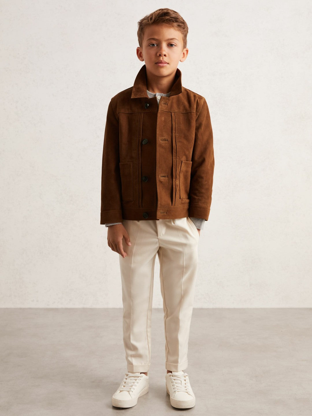 Reiss 3-9 yrs Suede Worker Jacket in Tobacco Brown