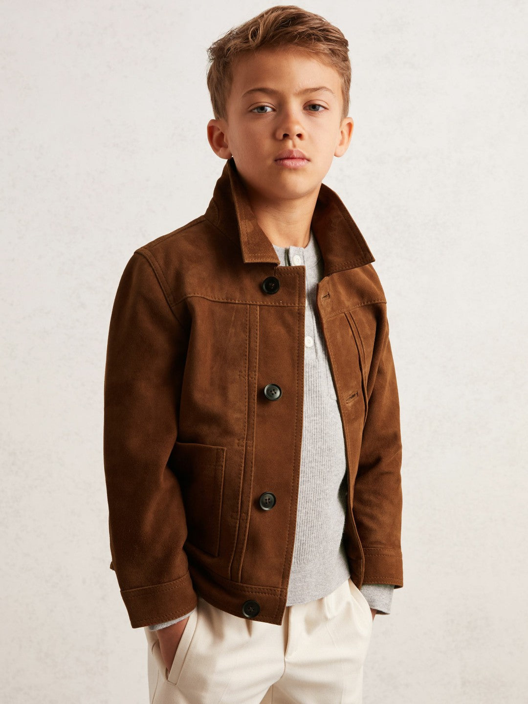 Reiss 3-9 yrs Suede Worker Jacket in Tobacco Brown