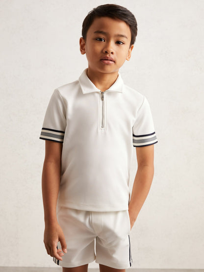 Reiss 3-9 yrs Textured Half Zip Polo Shirt in White