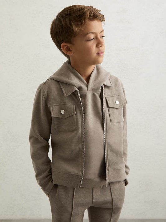 Reiss Affordable - 3-9 yrs Interlock Zip-Through Overshirt in Taupe Brown