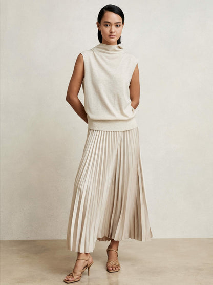 Reiss Pleated Midi Skirt in Champagne Neutral