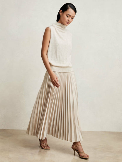 Reiss Pleated Midi Skirt in Champagne Neutral