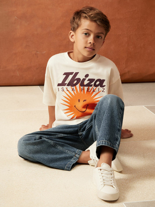 Reiss 3-9 yrs SmileyWorld Sun Motif T-Shirt in Off White