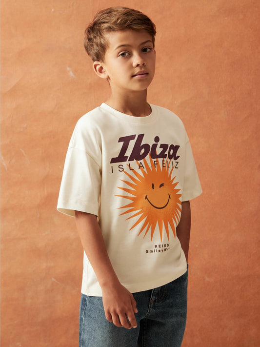 Reiss 9-13 yrs SmileyWorld Sun Motif T-Shirt in Off White