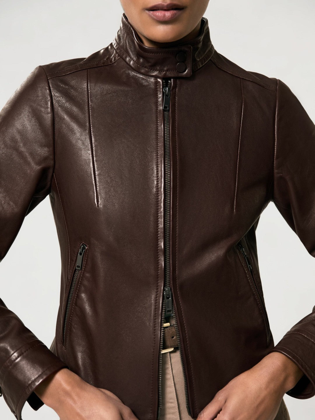 Reiss Featured - Fitted Leather Biker Jacket in Burgundy