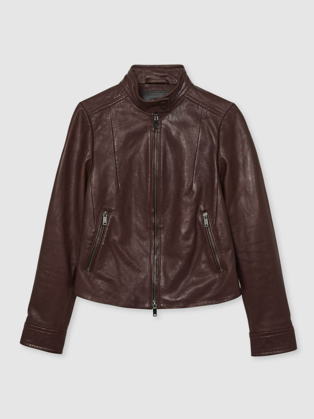 Reiss Featured - Fitted Leather Biker Jacket in Burgundy