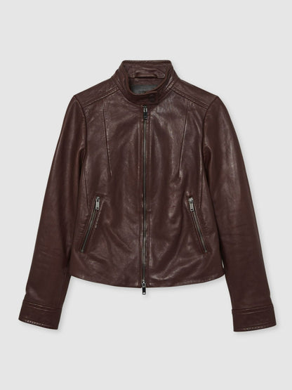 Reiss Featured - Fitted Leather Biker Jacket in Burgundy