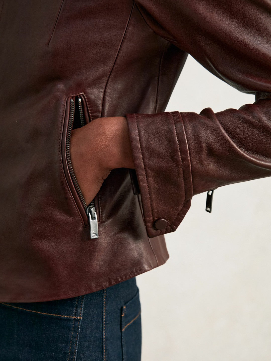 Reiss Featured - Fitted Leather Biker Jacket in Burgundy