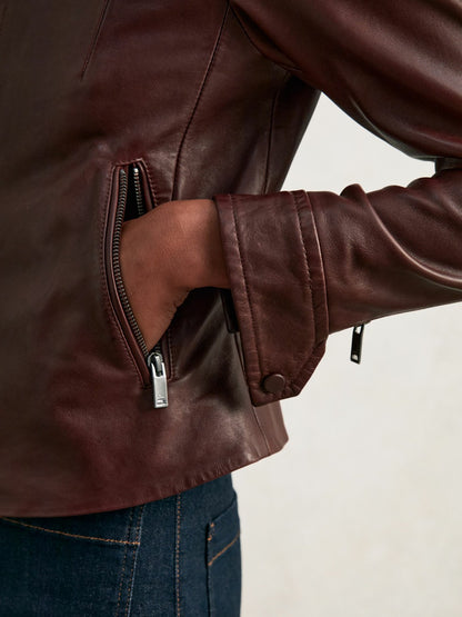 Reiss Featured - Fitted Leather Biker Jacket in Burgundy