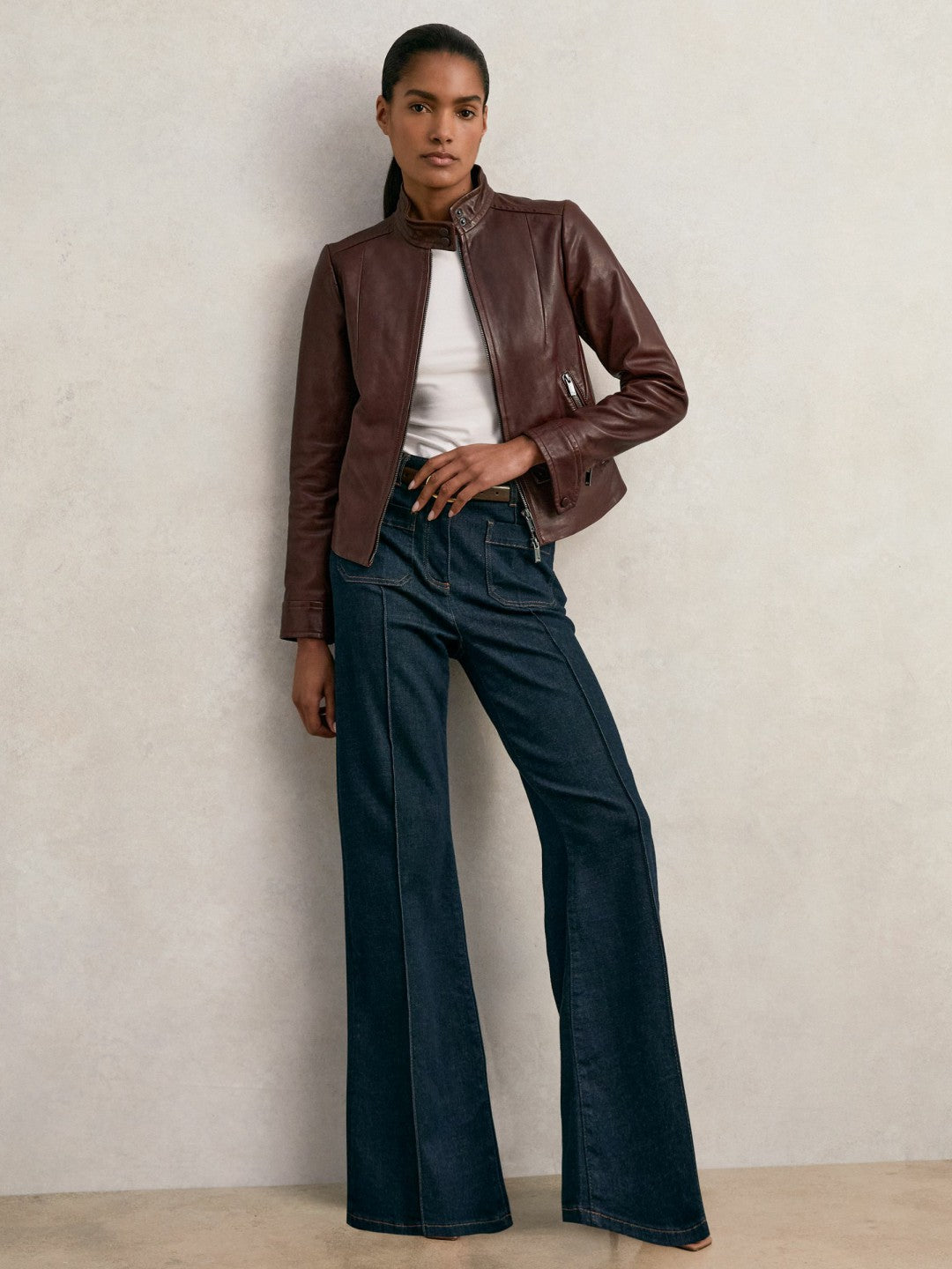 Reiss Featured - Fitted Leather Biker Jacket in Burgundy
