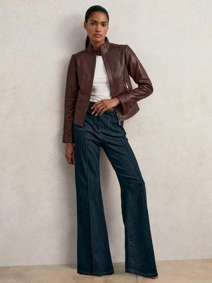 Reiss Featured - Fitted Leather Biker Jacket in Burgundy