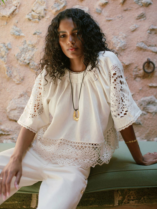 Reiss Savings - Linen Embroidered Swing Top in Ivory