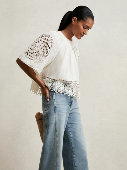 Reiss Linen Embroidered Swing Top in Ivory
