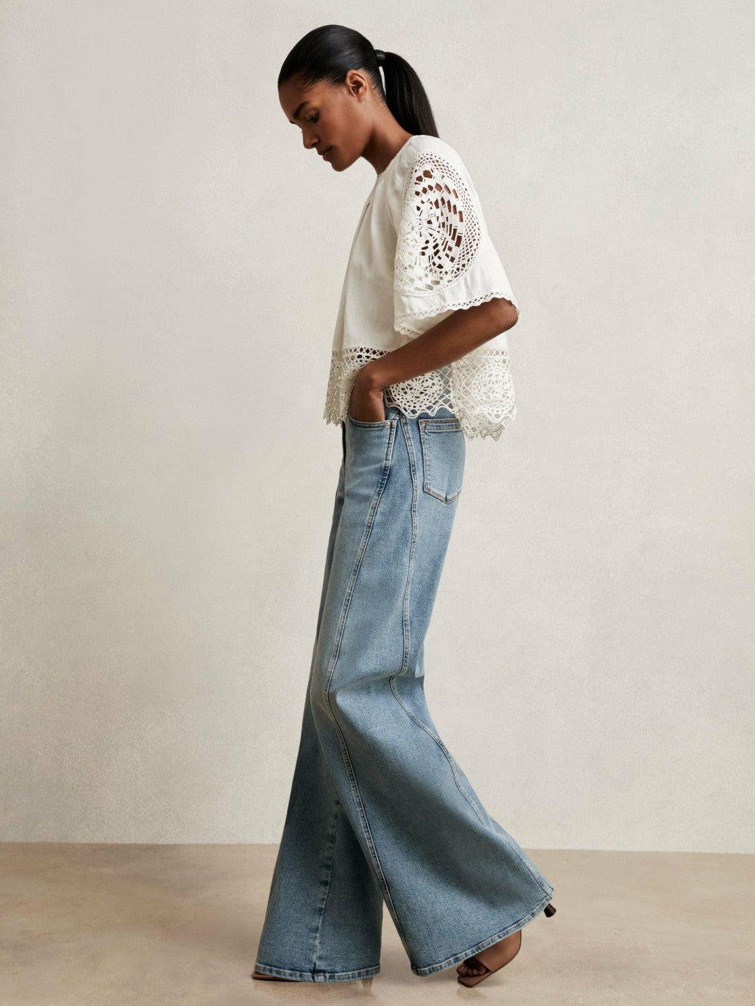 Reiss Linen Embroidered Swing Top in Ivory