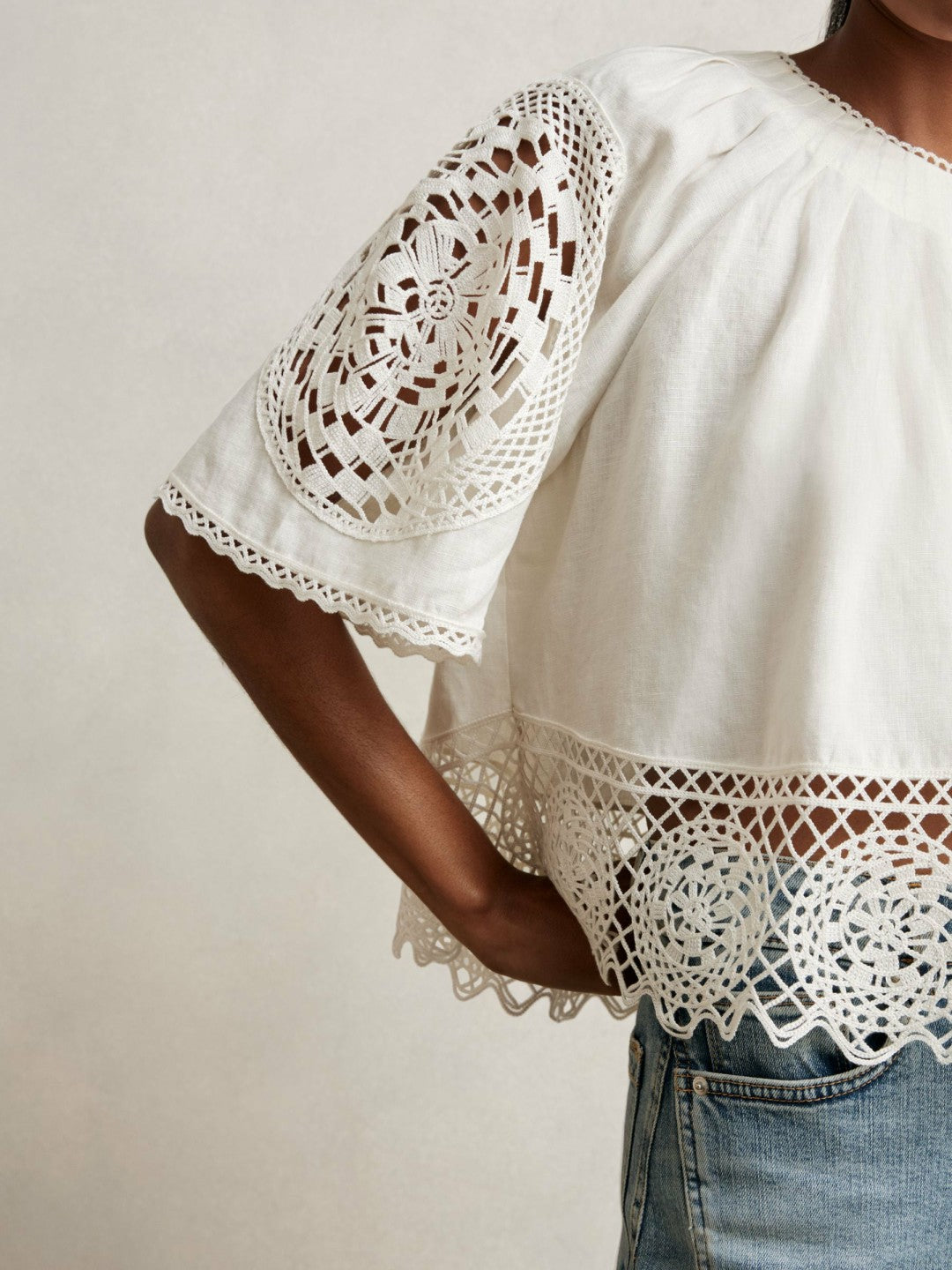 Reiss Linen Embroidered Swing Top in Ivory