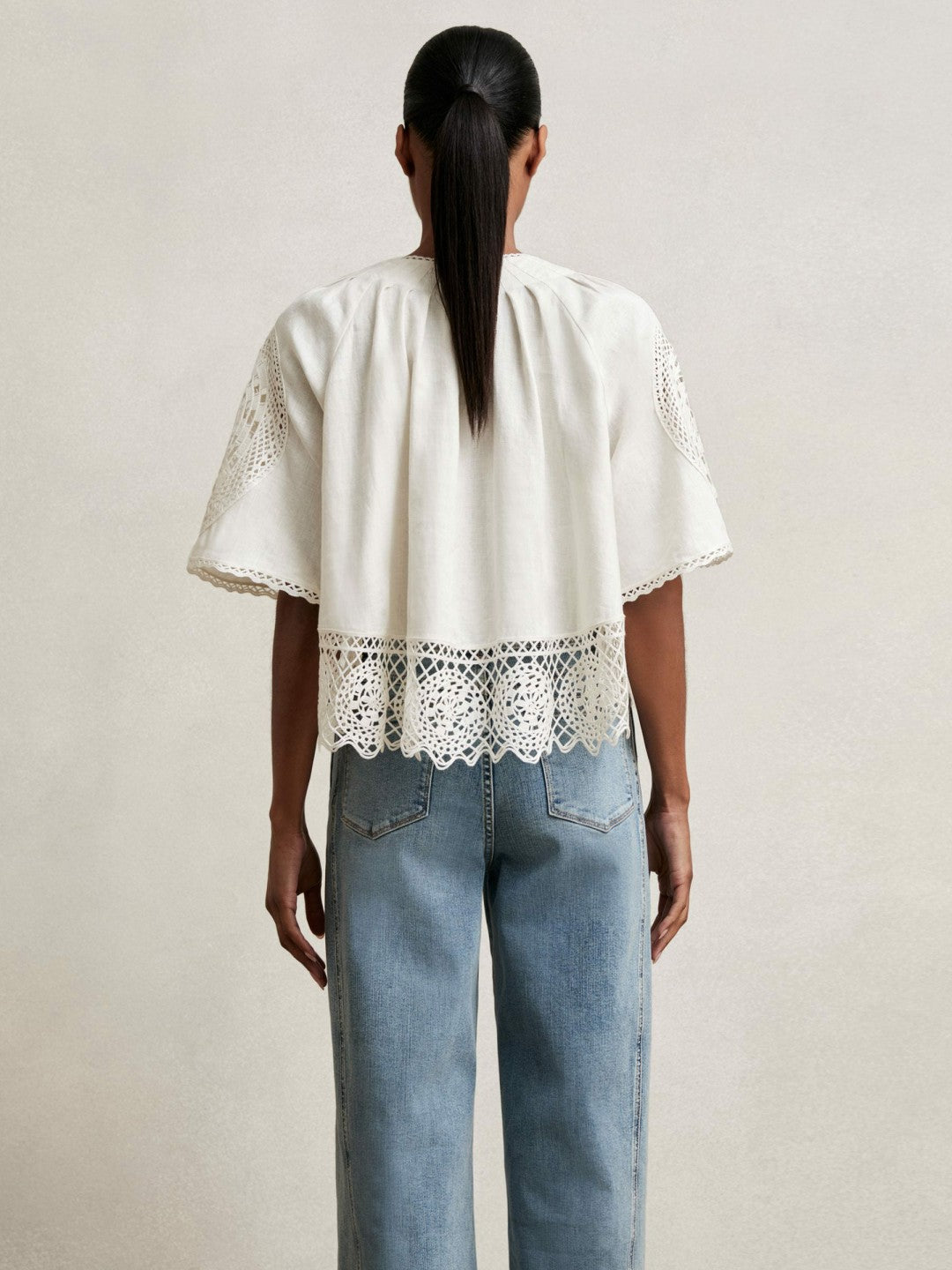 Reiss Linen Embroidered Swing Top in Ivory