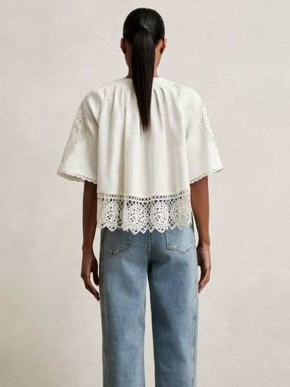 Reiss Linen Embroidered Swing Top in Ivory