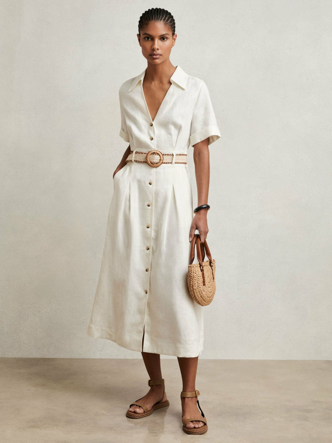Reiss Petite Linen Belted Midi Shirt Dress in Ivory