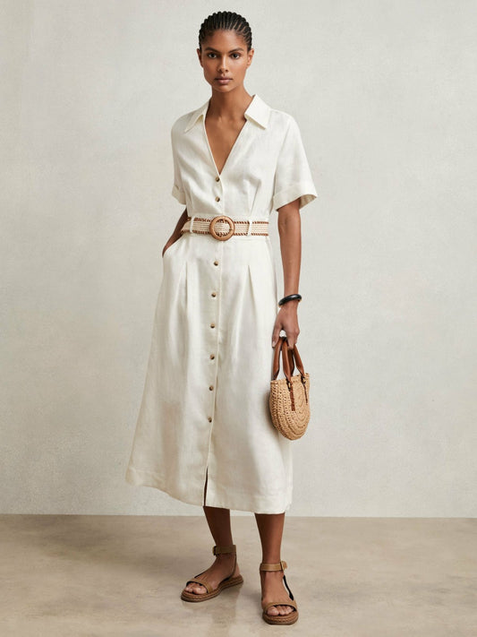 Reiss Offer - Petite Linen Belted Midi Shirt Dress in Ivory