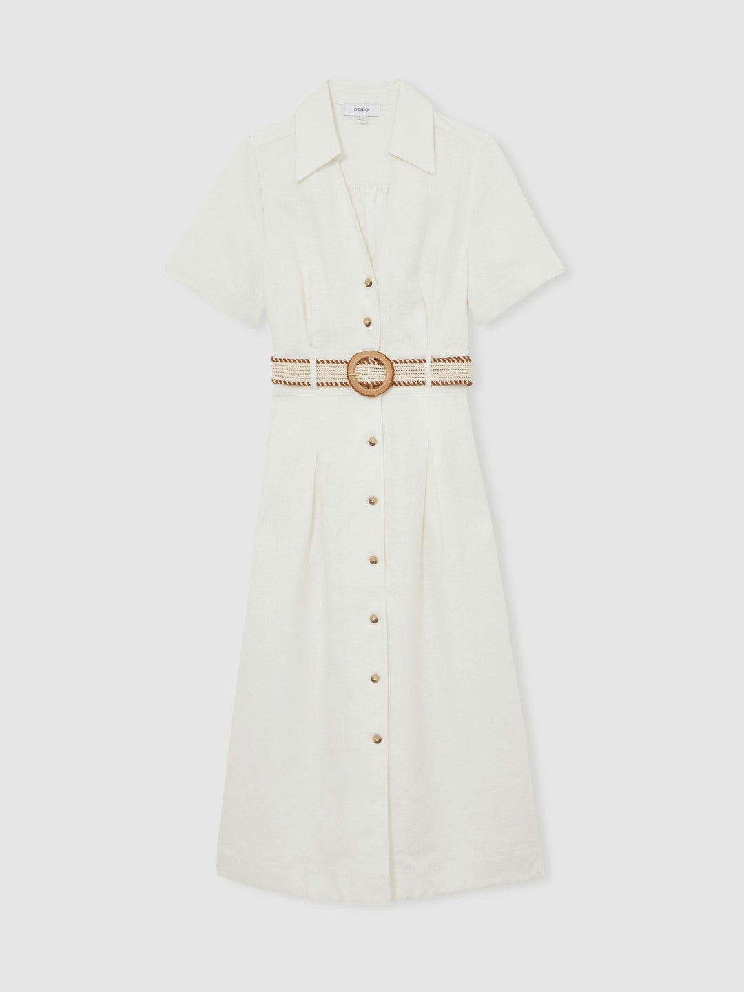 Reiss Petite Linen Belted Midi Shirt Dress in Ivory