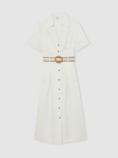 Reiss Petite Linen Belted Midi Shirt Dress in Ivory