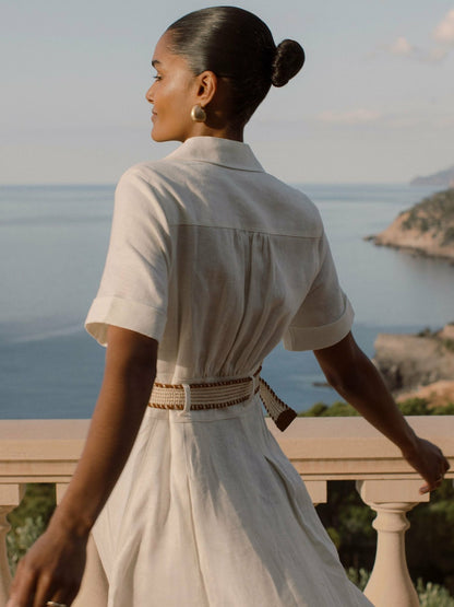 Reiss Petite Linen Belted Midi Shirt Dress in Ivory