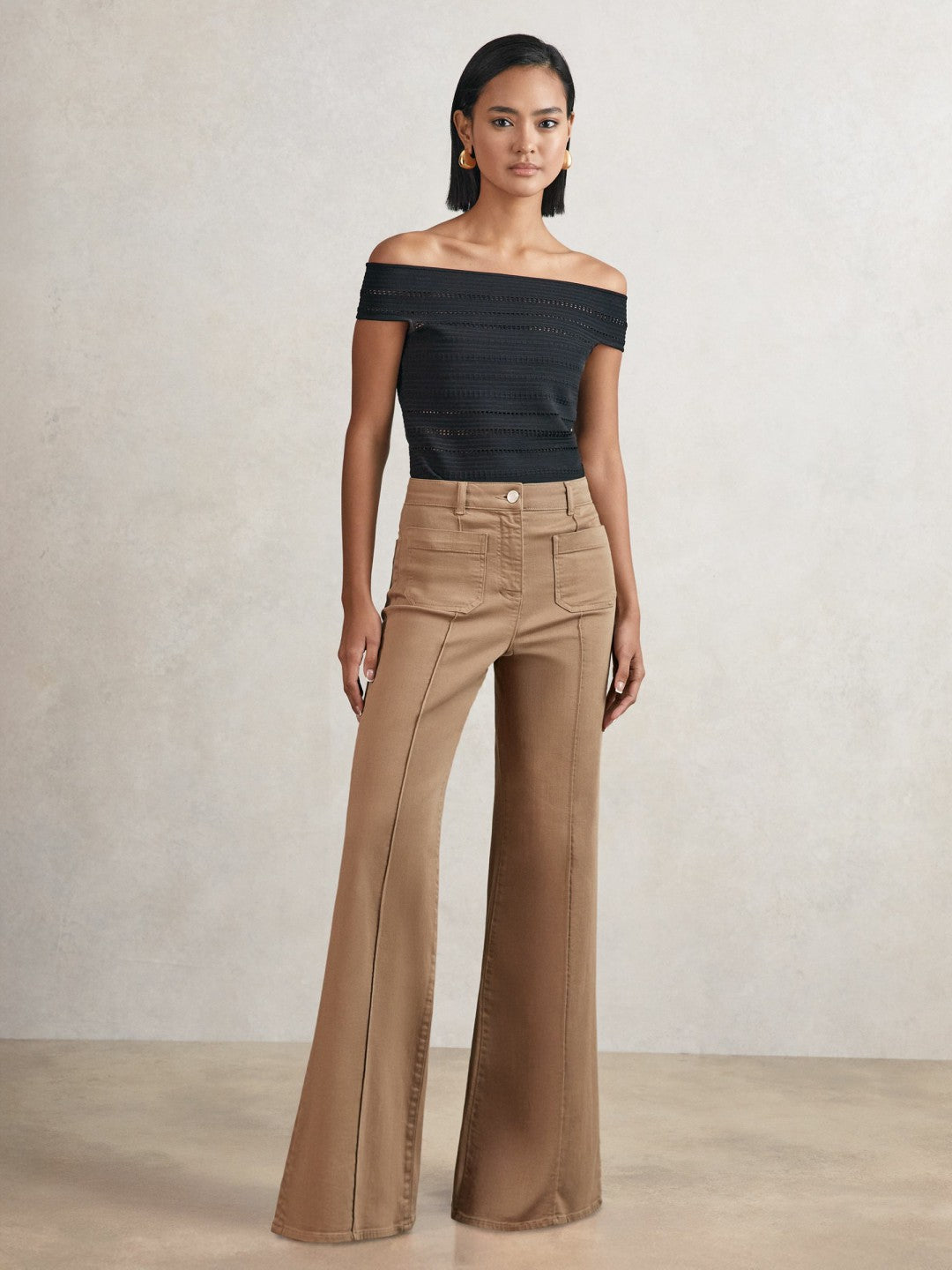 Reiss Petite Patch-Pocket Flared Jeans in Taupe Neutral