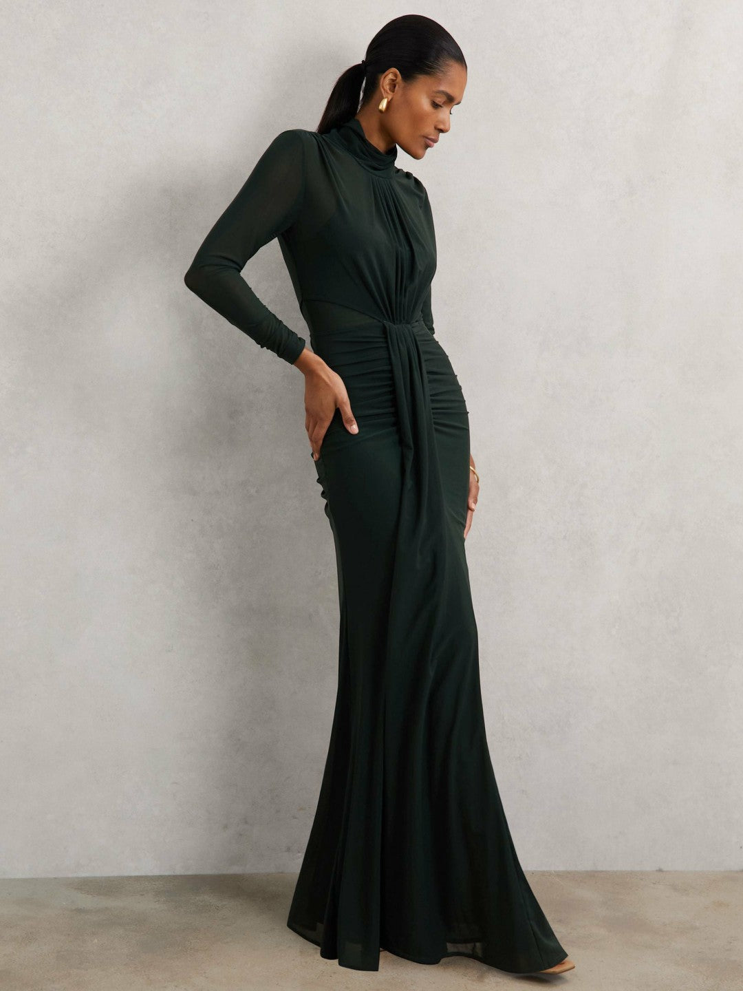 Reiss Ruched Long-Sleeve Maxi Dress in Dark Green