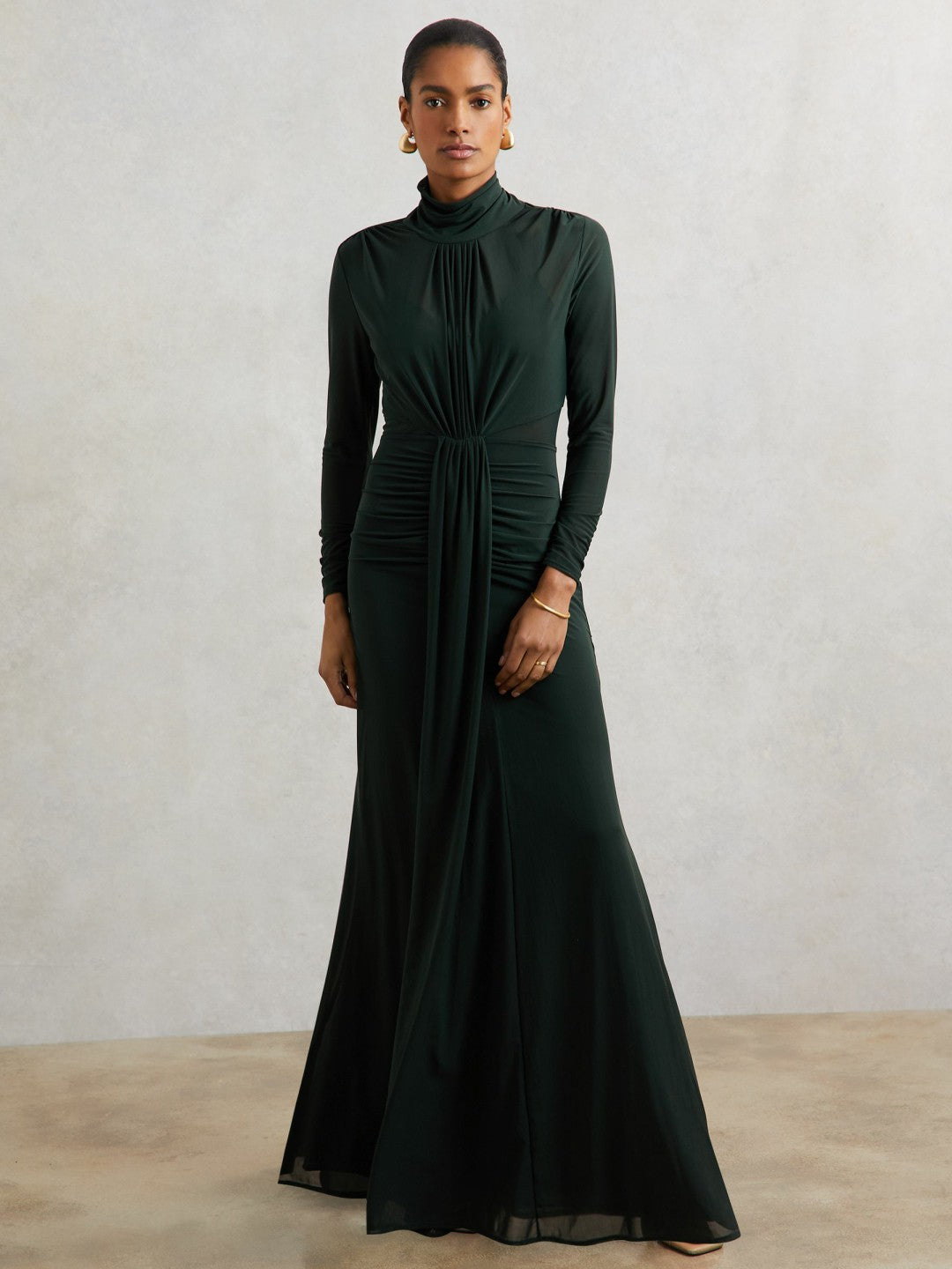 Reiss Ruched Long-Sleeve Maxi Dress in Dark Green