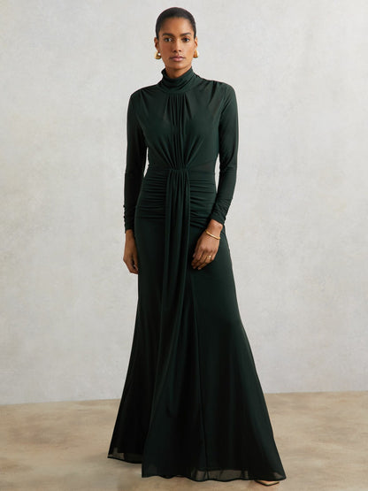 Reiss Ruched Long-Sleeve Maxi Dress in Dark Green